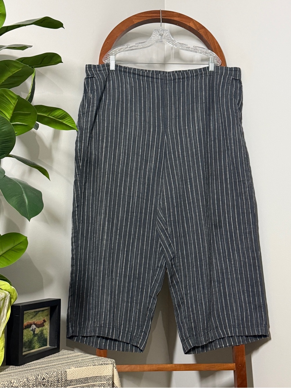 Eileen Fisher 2X Gray Stripe Elastic Back Pull On Organic Linen Pants